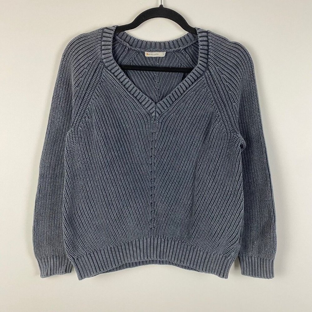 Marine Layer Ezra V-Neck Knit Pullover Sweater in Anthracite Small Long Sleeve